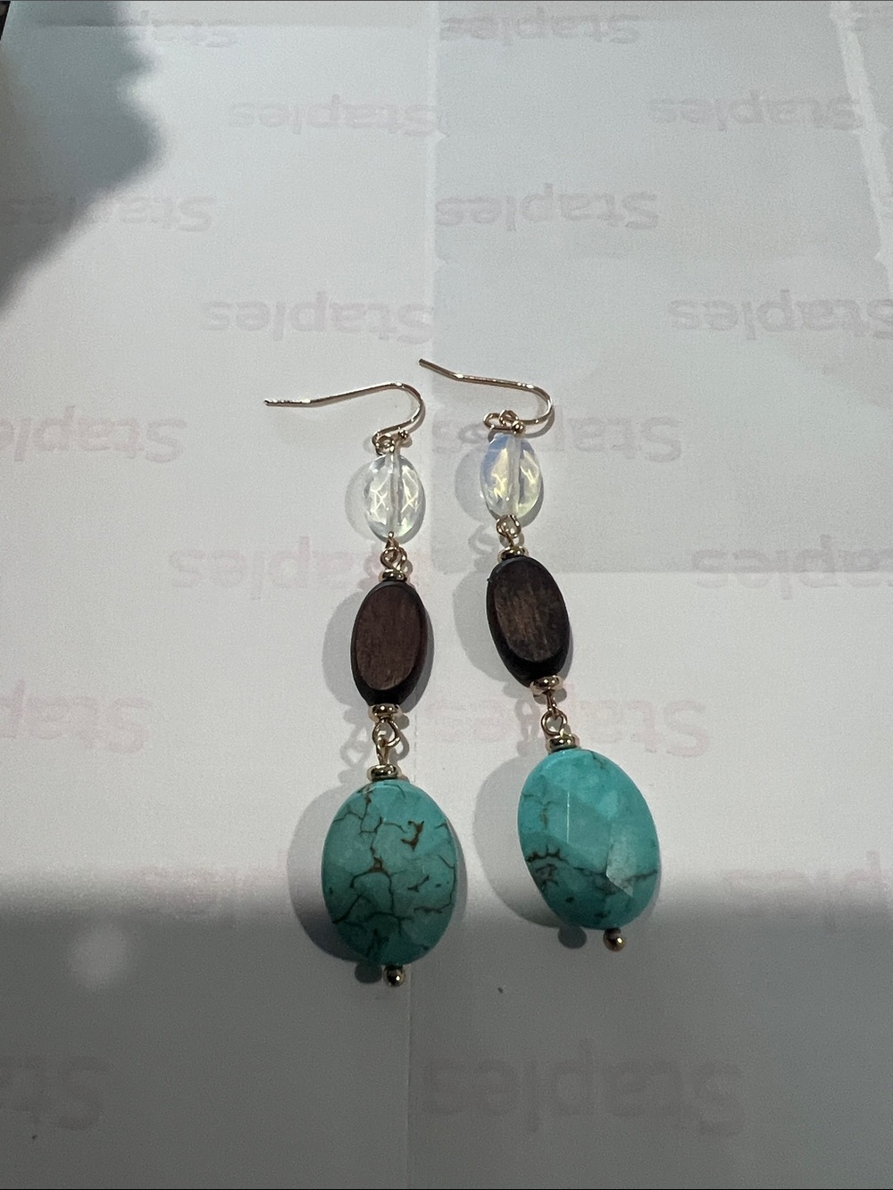 Turquoise, Wood & Opalescent Drop Earrings